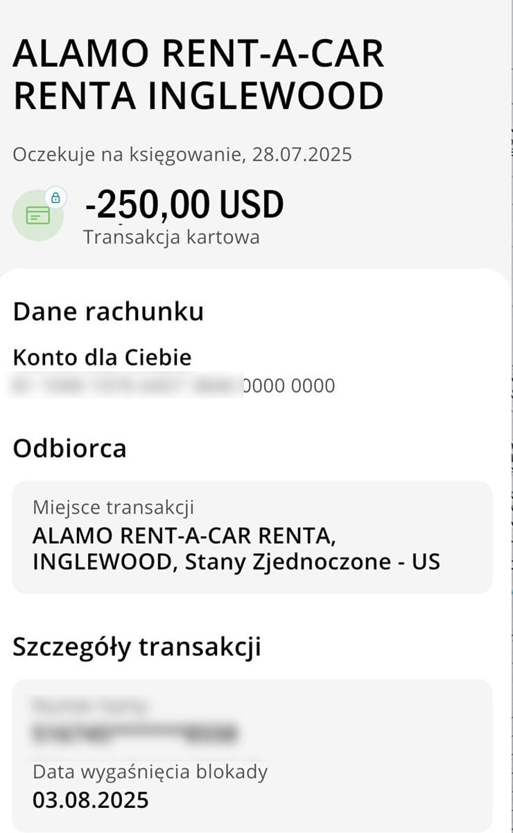 Wynajem samochodu w USA 2 Depozyt w wypożyczalni
